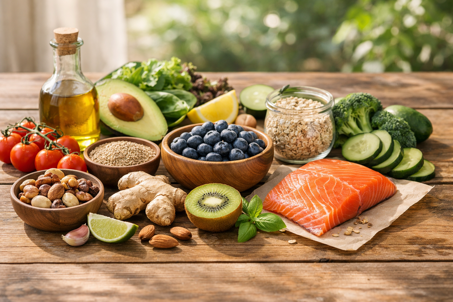 Natural herbal supplements and fresh ingredients on a clean wooden table with soft natural lighting, wellness lifestyle concept